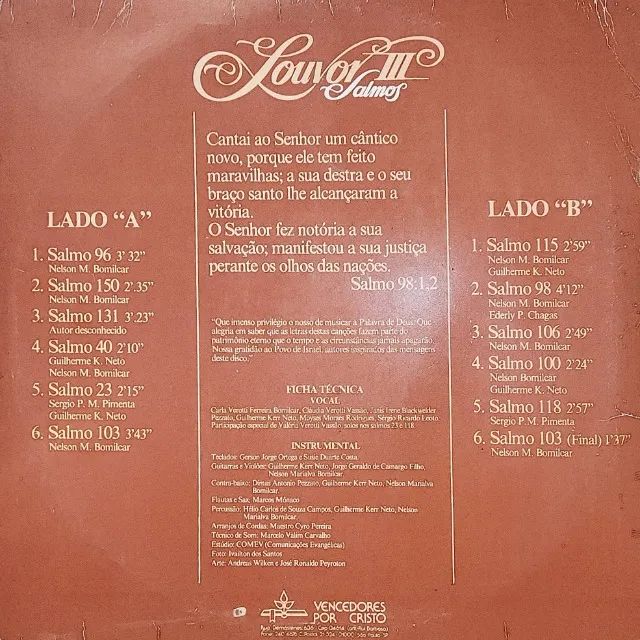 Lp Vencedores Por Cristo - Louvor III: Salmos 1981 (disco, vinil) - Foto 2