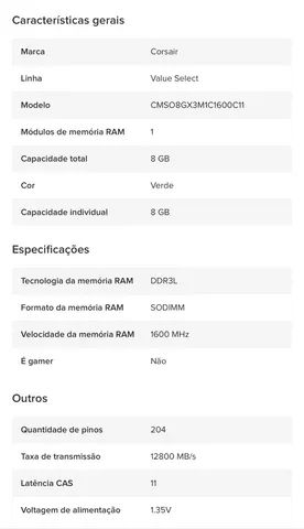 Memória RAM DDR3 Corsair 8GB CMSO8GX3M1C1600C11 - Foto 3