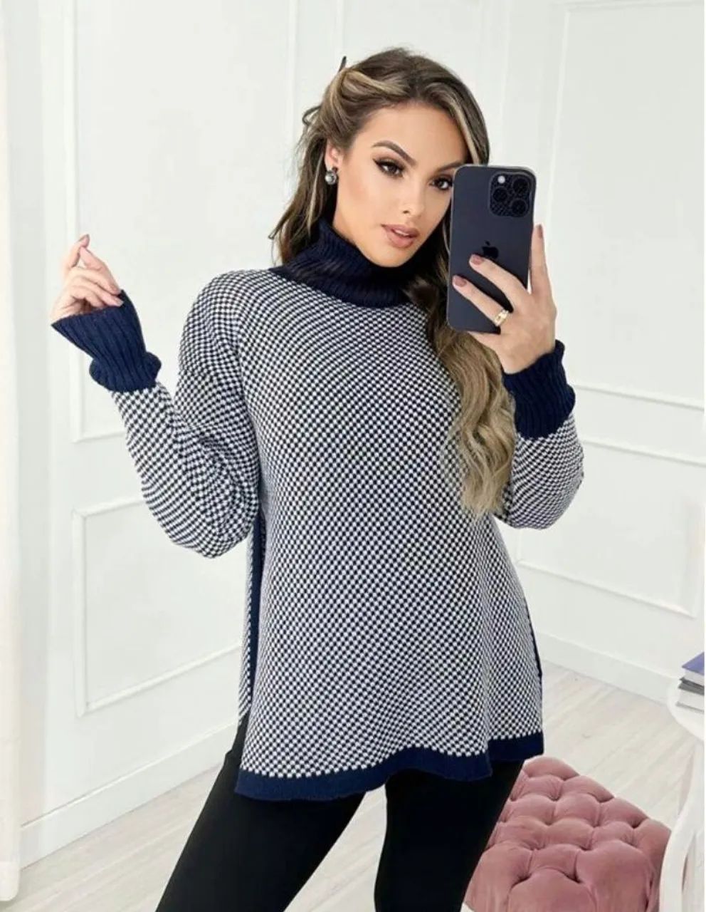 Casaco Poncho Xadrez Gola alta de Tricot tamanho G, bonito, elegante, bem confortável.  - Foto 2