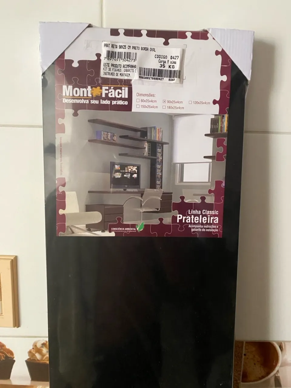 Prateleira Reta 90x25cm Preto Borda Oval - Monta Fácil