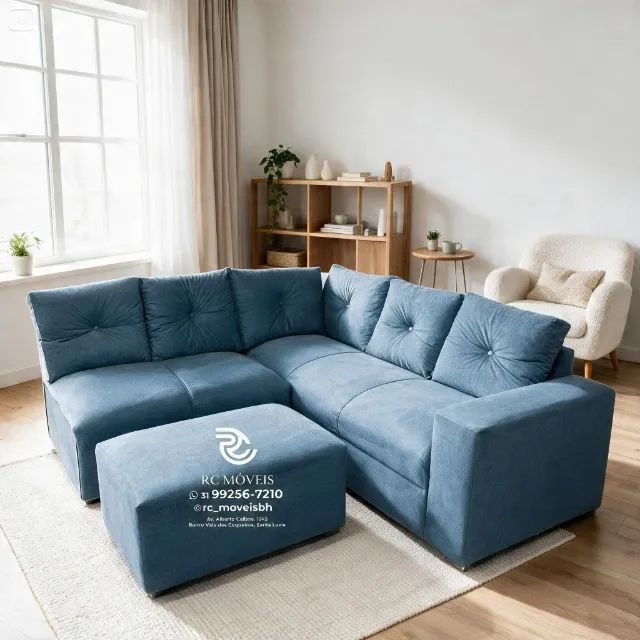 Sofá de Canto com Puff Suede Bege Espuma D33 Confortável Durável - Foto 4