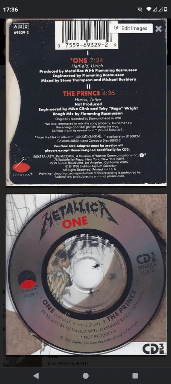 Metallica one cd single 3 polegadas elektra US raro