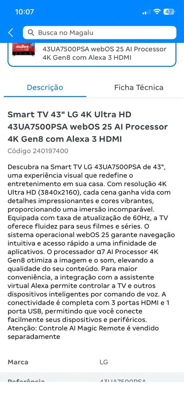 Smart TV 43 polegadas LG 4K