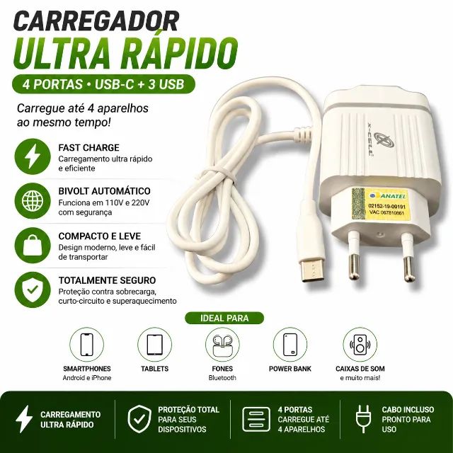 Carregador Turbo 4 USB 1 Tipo C Carregamento Rápido Universal Samsung Motorola Xiaomi iPho - Foto 4