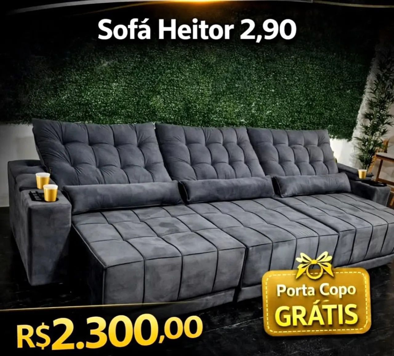 Sofá retrátil reclinável 2,90 porta copos 