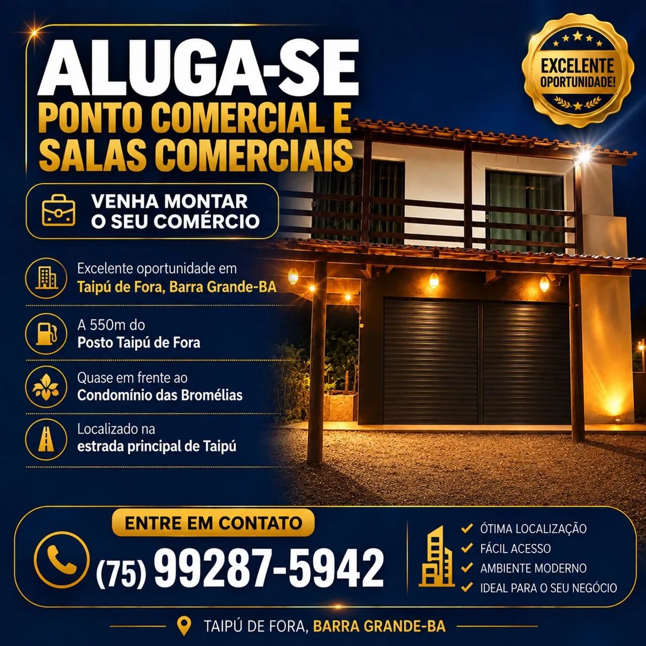 Aluga-se lojas comerciais em Taipú de Fora