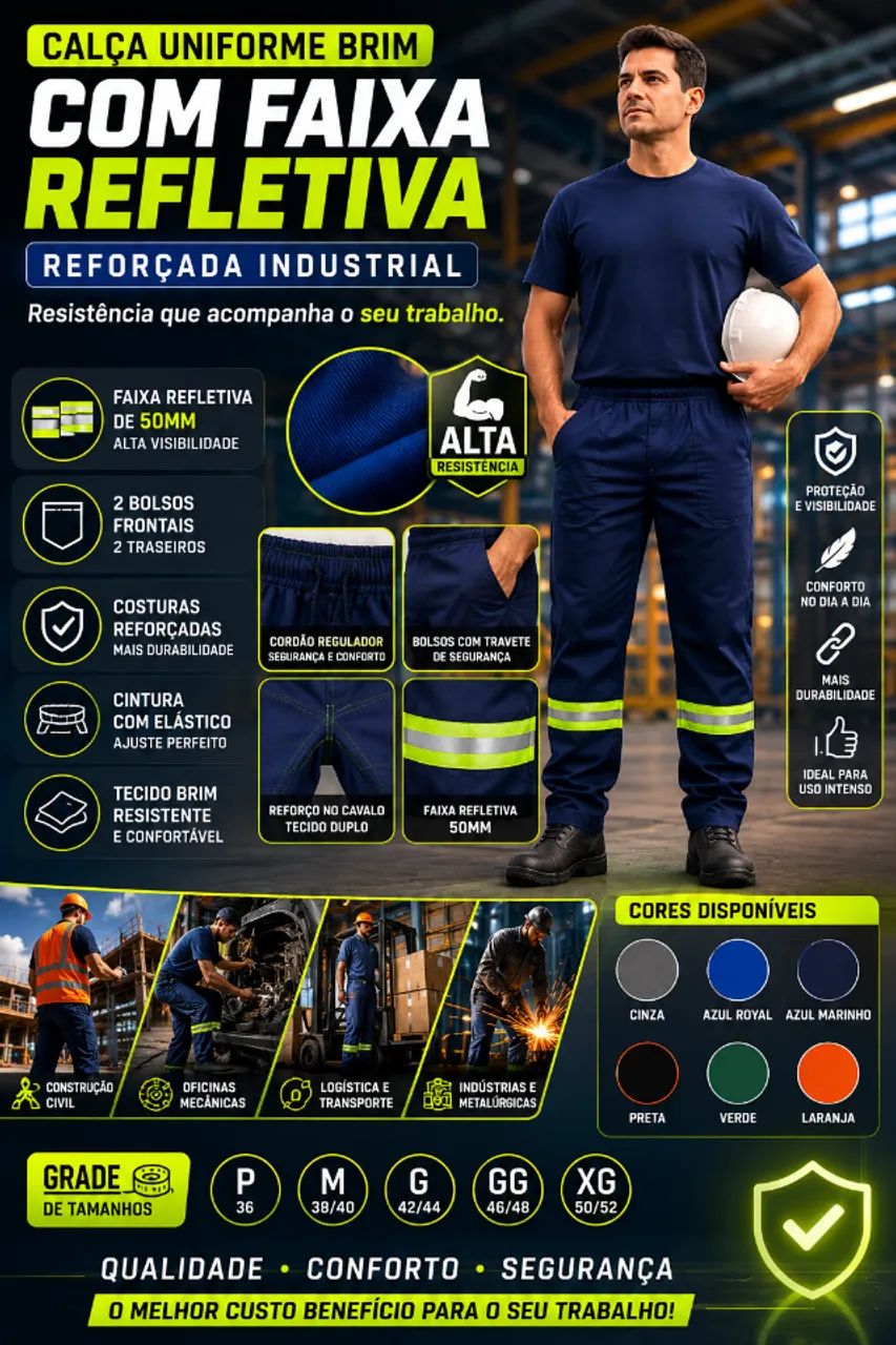 Calça Uniforme Brim Com Faixa Refletiva Reforçada Industrial - Foto 3