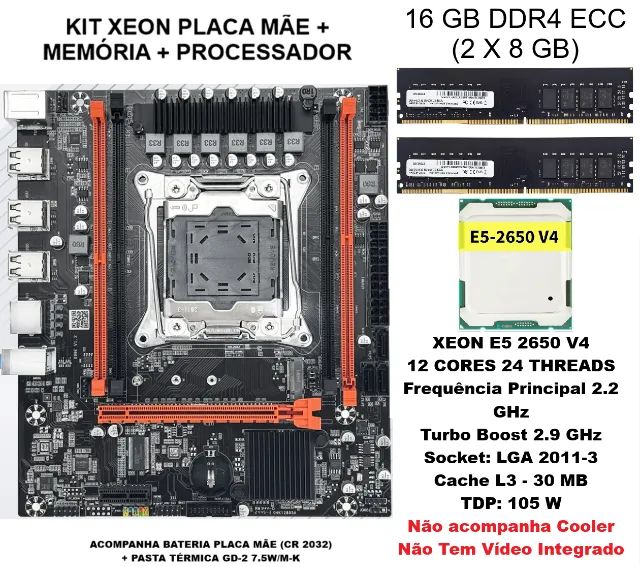 shi4 KIT XEON, PLACA MÃE X99 + XEON 2650 V4 + 16 GB DDR4 2133 MHz ECC
