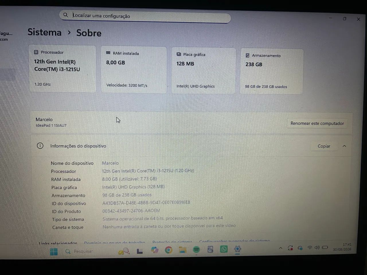 Lenovo IdeaPad 1 15IAU7 com Intel Core i3 - 8GB RAM 256GB SSD - Foto 3