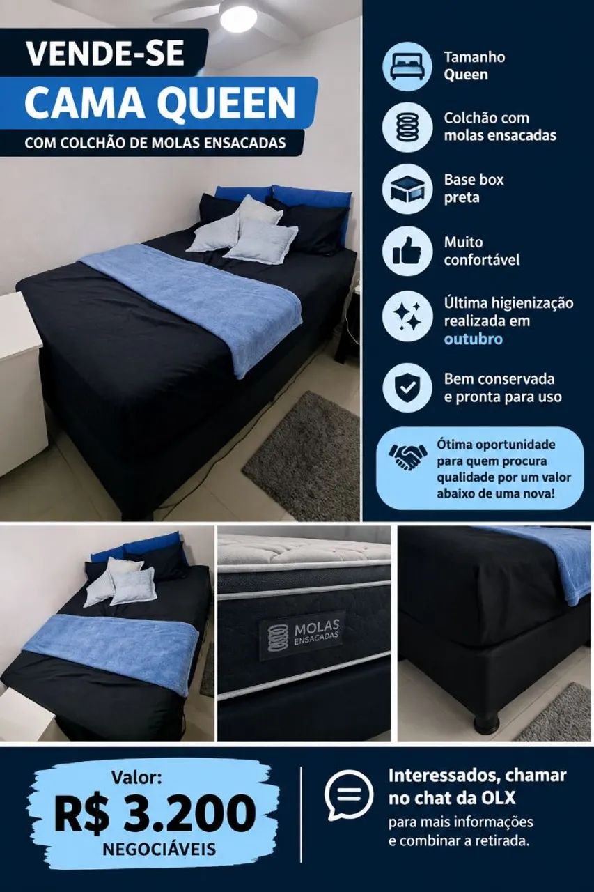 CAMA QUEEN COM BASE E MOLAS ENSACADAS - BOM ESTADO NEGOCIÁVEL 