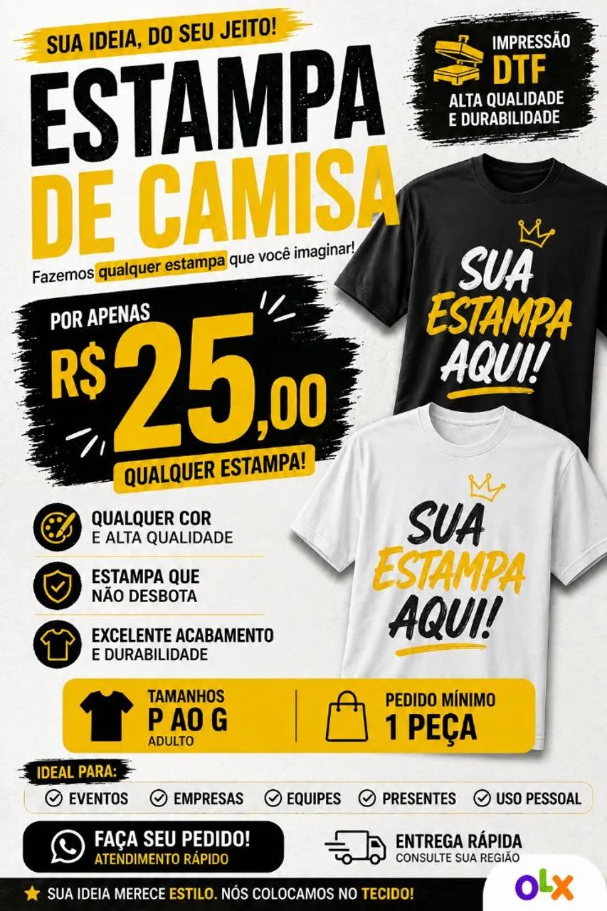 Camiseta Personalizada com DTF - Qualquer Estampa | R$ 25
