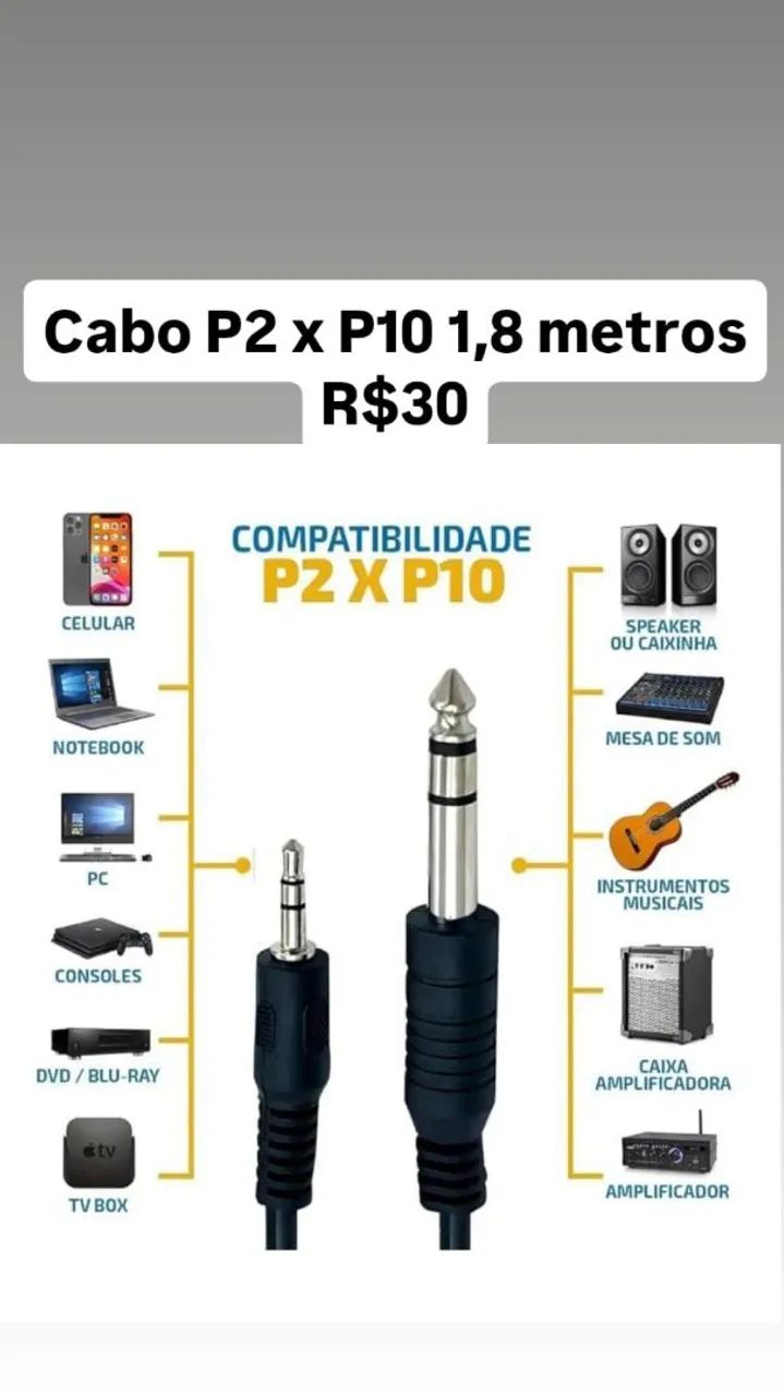 cabo p/ Microfone, p10 x p2, microfone leiam a descrição