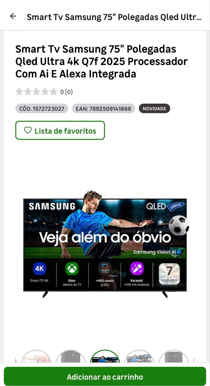 Smart Tv Samsung 75" Polegadas Qled Ultra 4k Q7f 2025 Processador Com Ai E Alexa Integrada