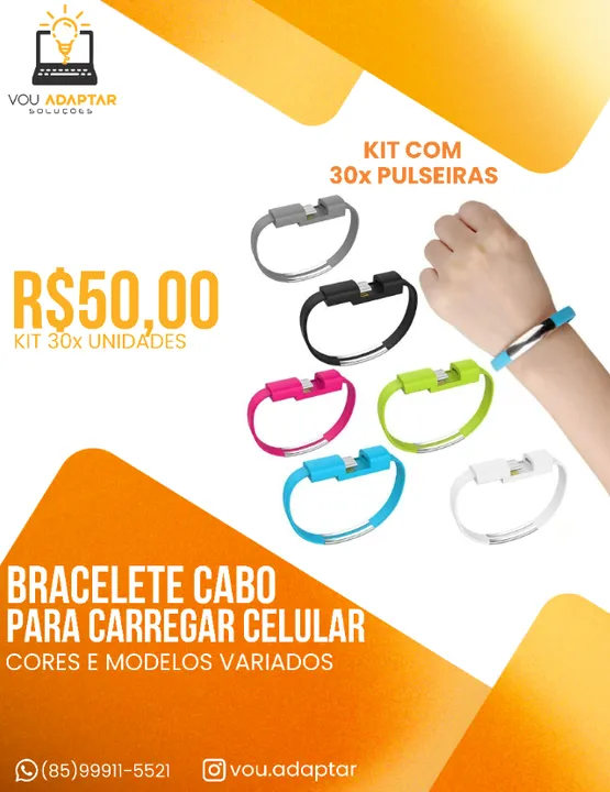 kit 30x Pulseira Bracelete Usb Lightning carregador Celular cabo smartphone