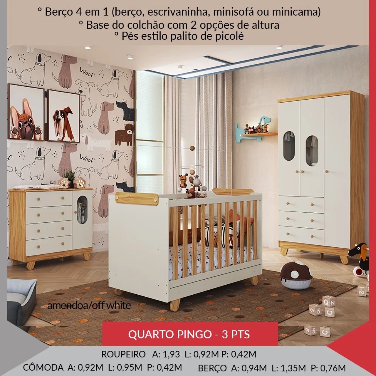 Quarto Infantil Completo 3 Peças - Berço 4 em 1