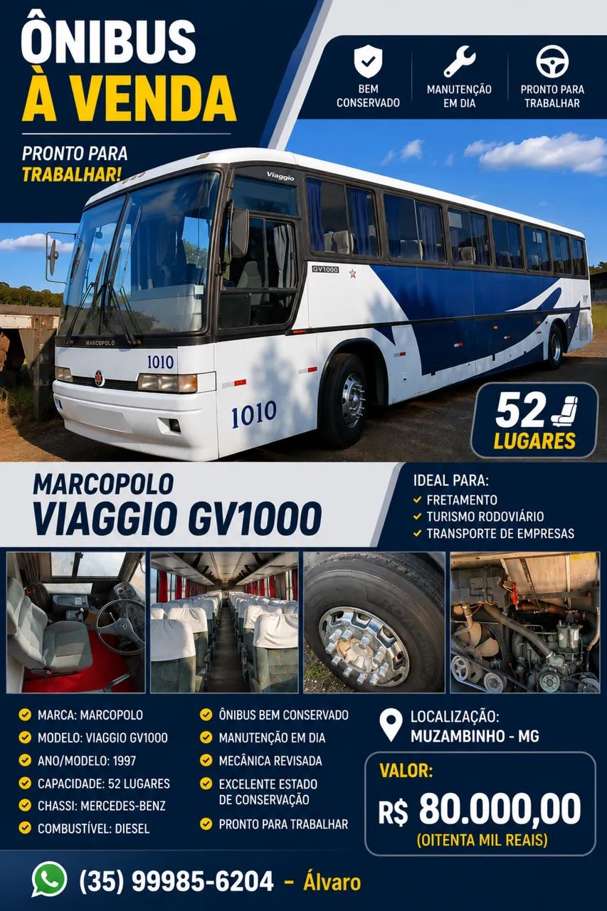 Ônibus Marcopolo Viaggio GV1000 52 Lugares - Pronto para Trabalhar - R$ 80 Mil