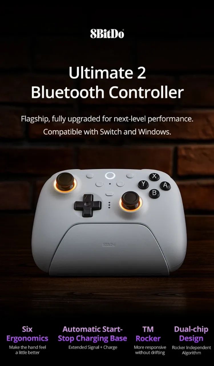 Controle 8BitDo Últimate 2 Bluetooth, 2.4G adapter, USB C/ Charging Dock p/ N Switch, Pc
