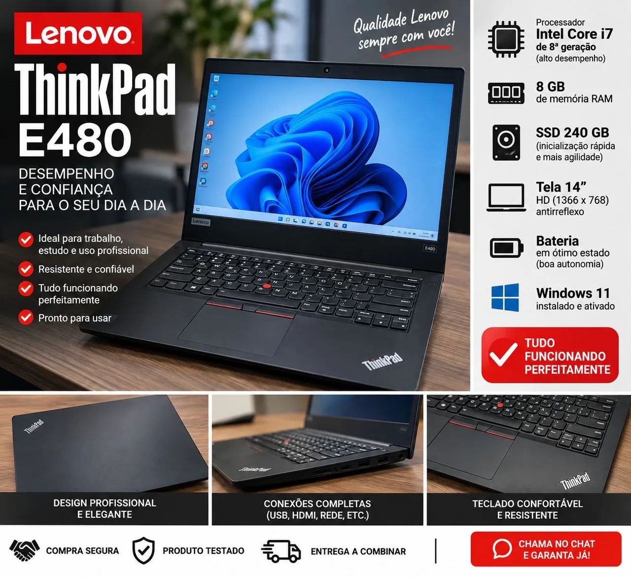 LENOVO THINKPAD E480 - CORE i7 8GB RAM SSD 240GB WINDOWS 11