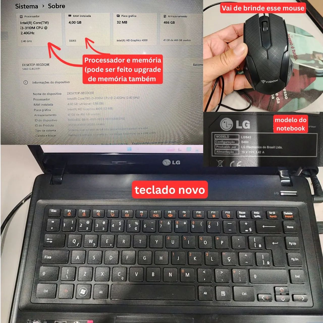 Notebook LG Core I3 4GB HD 500GB Wi-Fi Bluetooth - detalhes - Foto 4