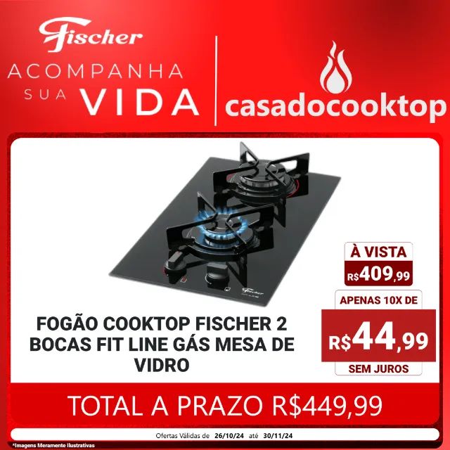 Fogão Cooktop Fischer 2 Bocas Fit Line Gás Mesa de Vidro