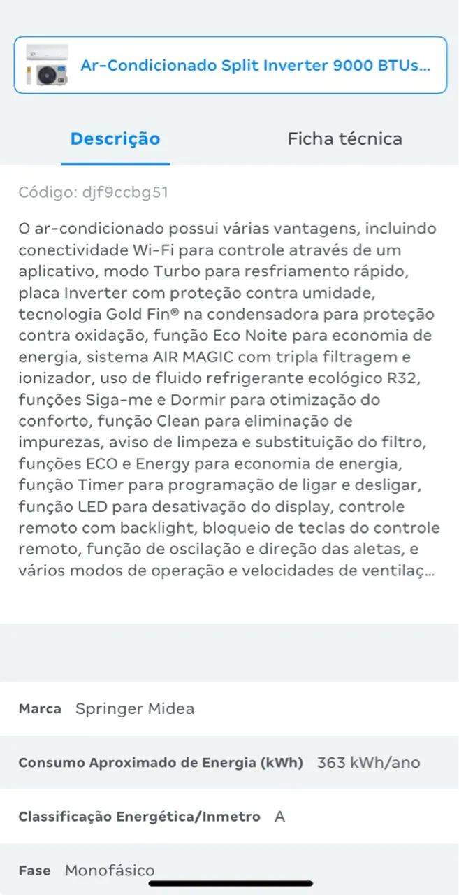 Ar Condicionado Split Inverter 9000 BTUs Springer Midea Xtreme Save Connect High - Foto 2