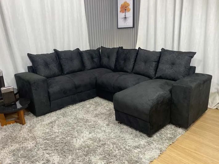 Sofá de Canto 6 Lugares Suede Preto
