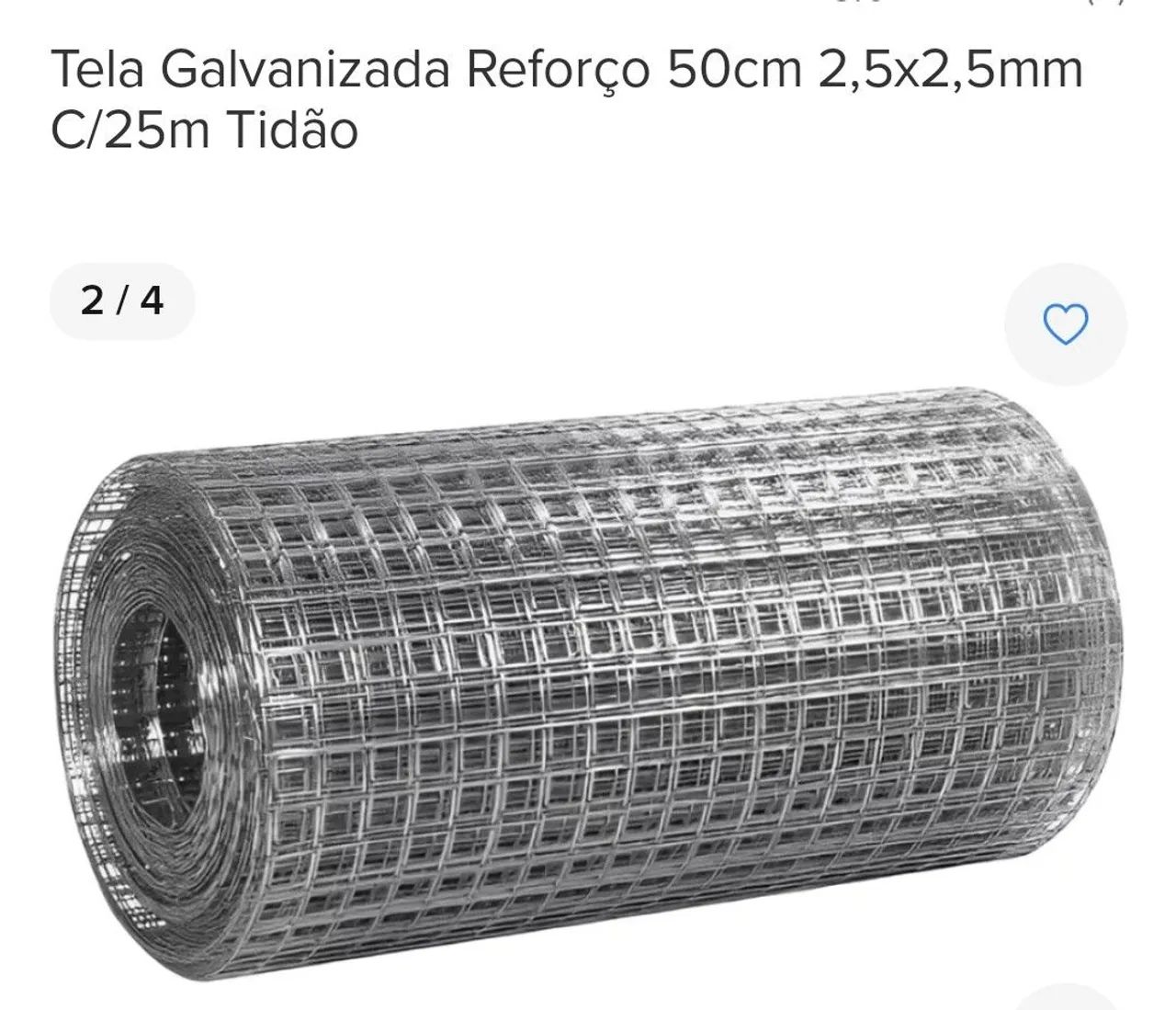 Tela Galvanizada Reforço 50cm 2,5x2,5mm C/25m Tidão