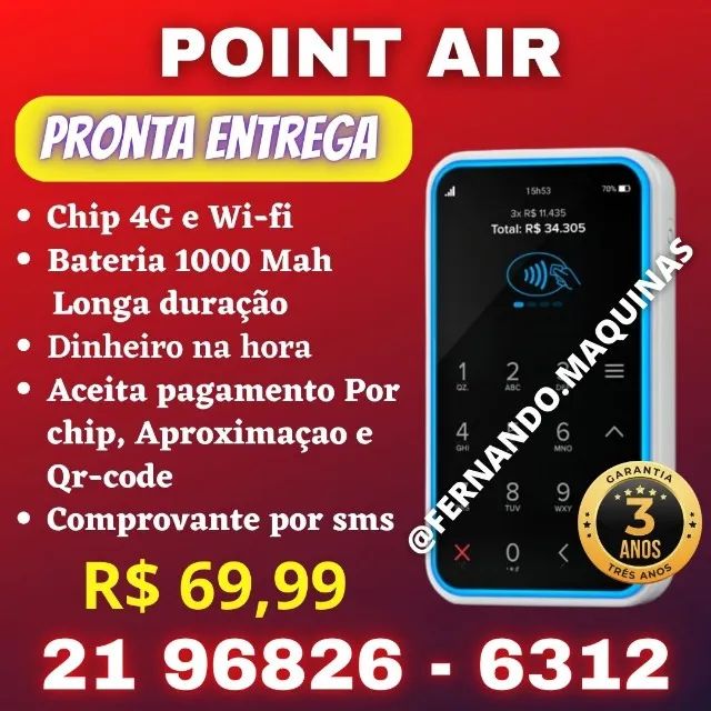 Máquina de cartão Point air -  chip 4G e conexão wi-fi