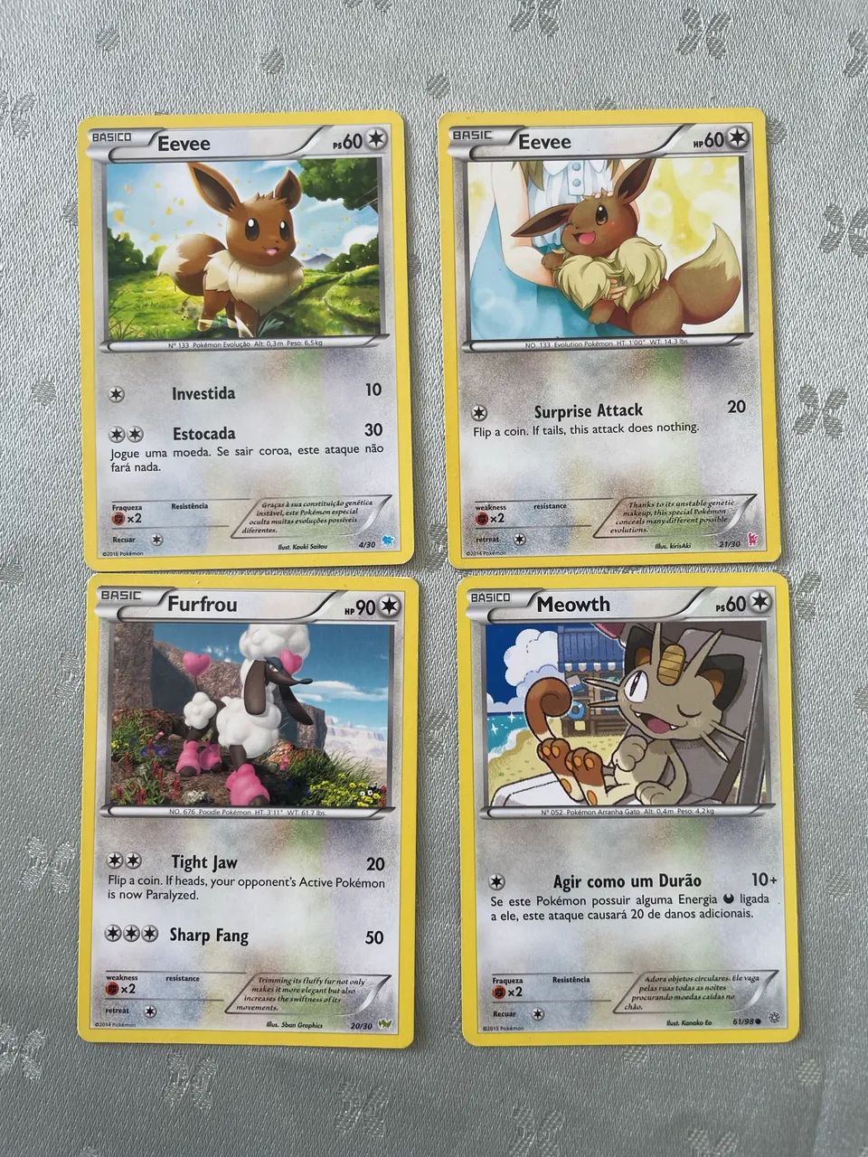 Carta pokemon eevee, meowth e furfrou