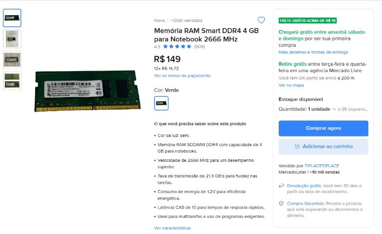 MEMÓRIA NOTEBOOK VERDE 4GB - Foto 2
