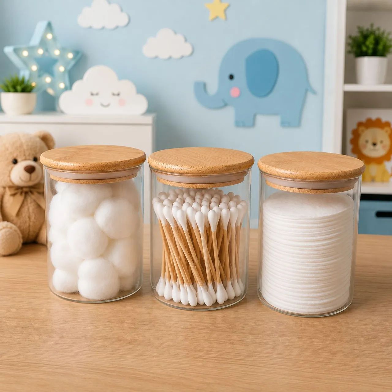 Kit de 3 potes de vidro com tampa de bambu 