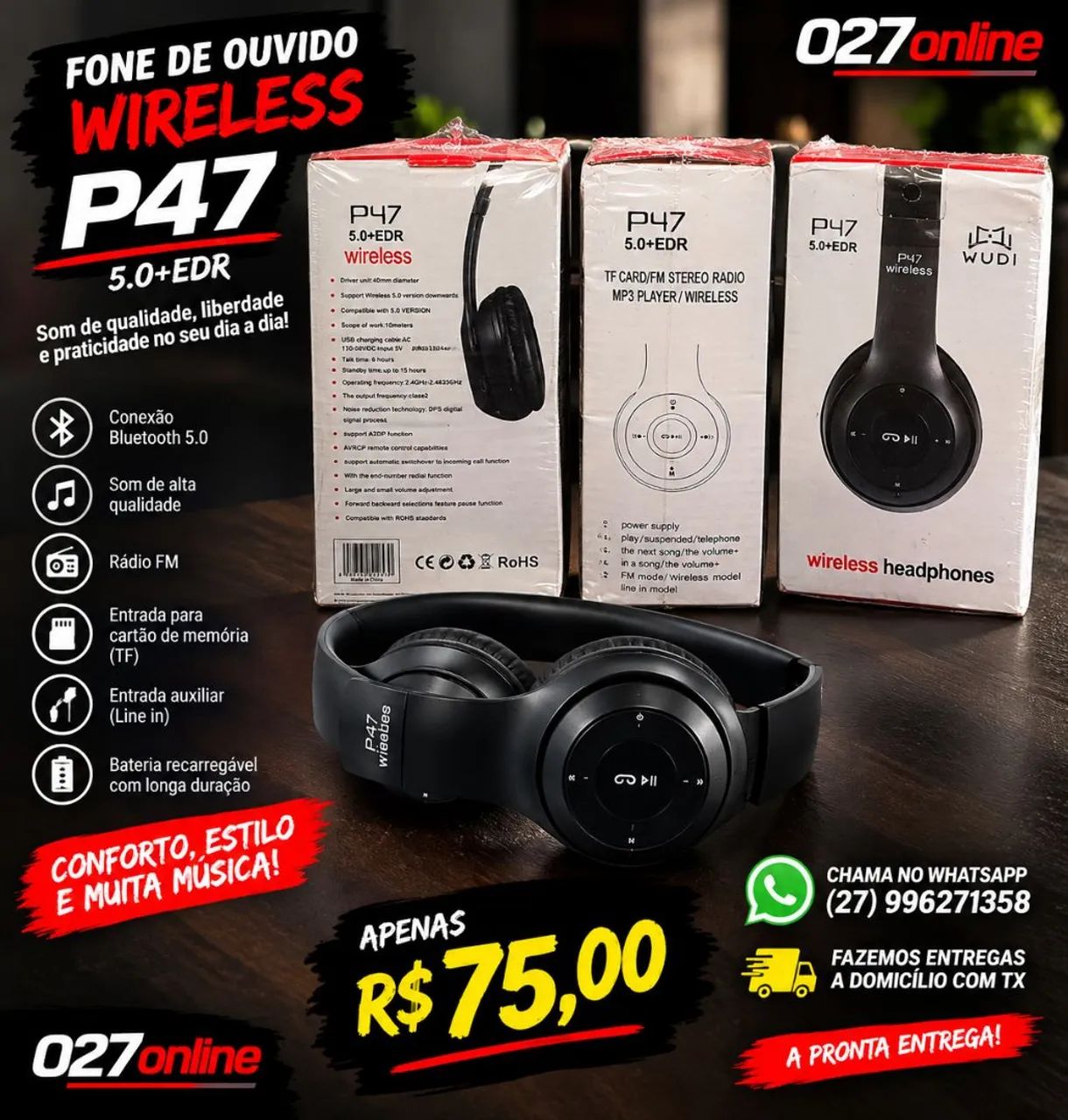 Fone via bluetooth ou com fio 