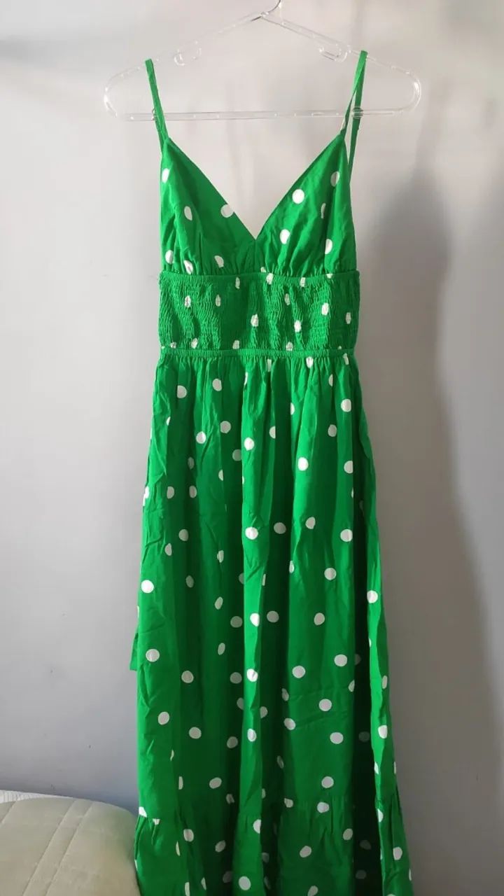 Vestido Longo Verde com Estampa de Poá (Bolinhas) e Lastex