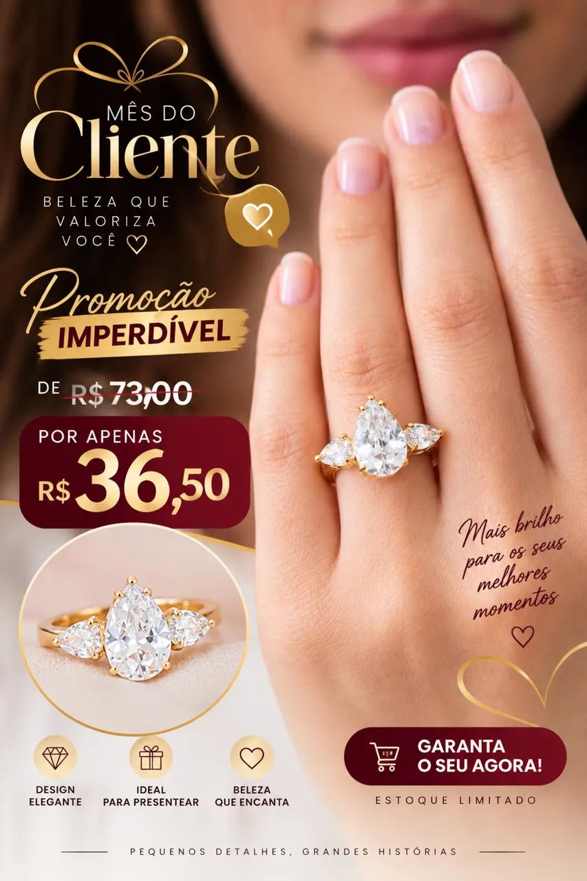 Anel dourado com pedra na cor cristal 