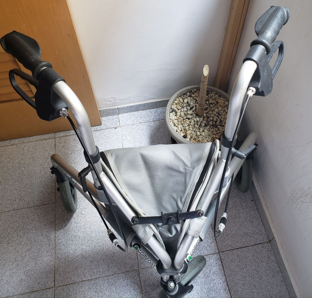 Andador Praxis Confort com três rodas.