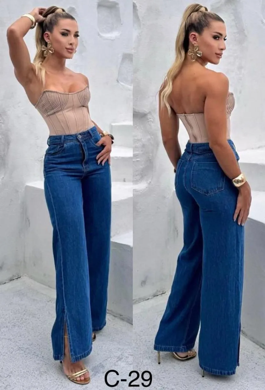 Calça Jeans Wide Leg com Slit