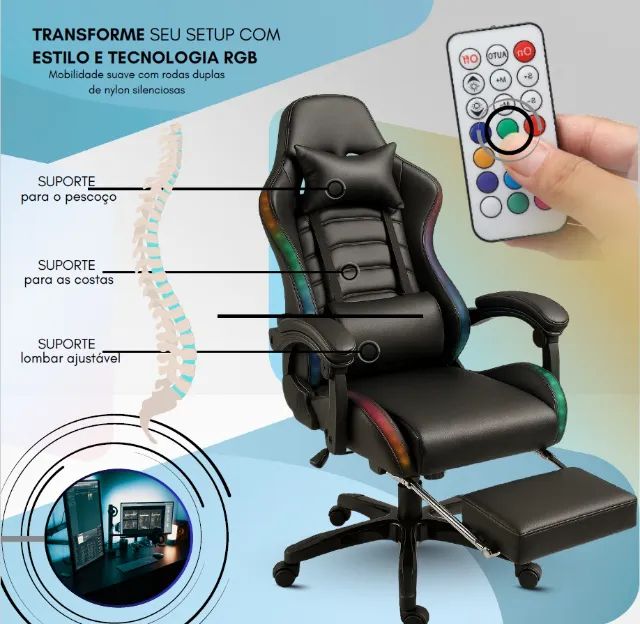 Cadeira Gamer LED Profissional Setup Jogos Escritório Executiva Confortável Premium - Foto 5