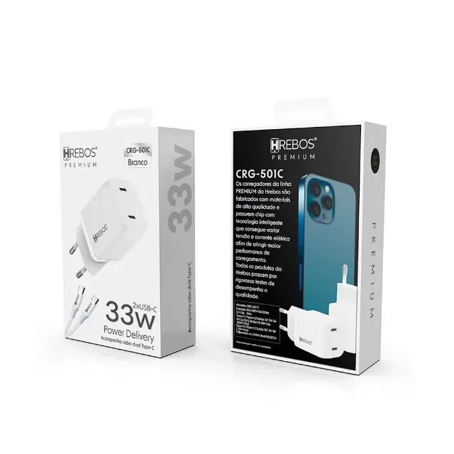 Carregador Hrebos Premium - NOVO, 2 entradas USB-C para USB-C, 33W, com Cabo, Branco