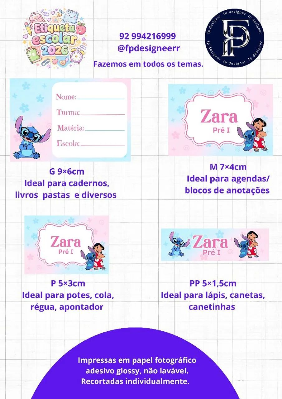 Etiquetas escolares/ Papel adesivo glossy (NÃO É VINIL)