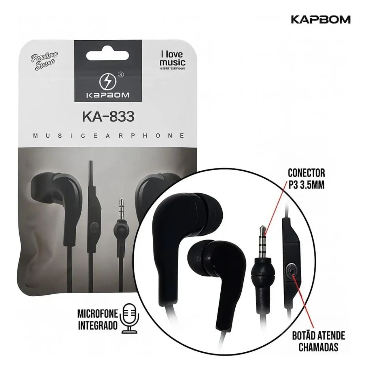 Fone de Ouvido Com Fio (P2) e Microfone KAPBOM KA-833 - Foto 2