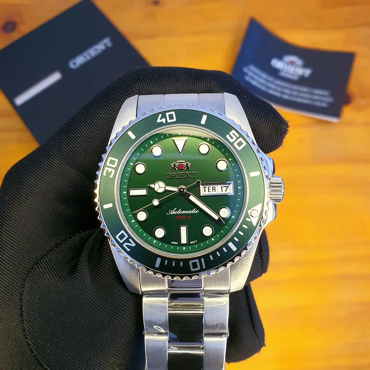 Relógio Orient Submariner automático Diver 44mm verde 