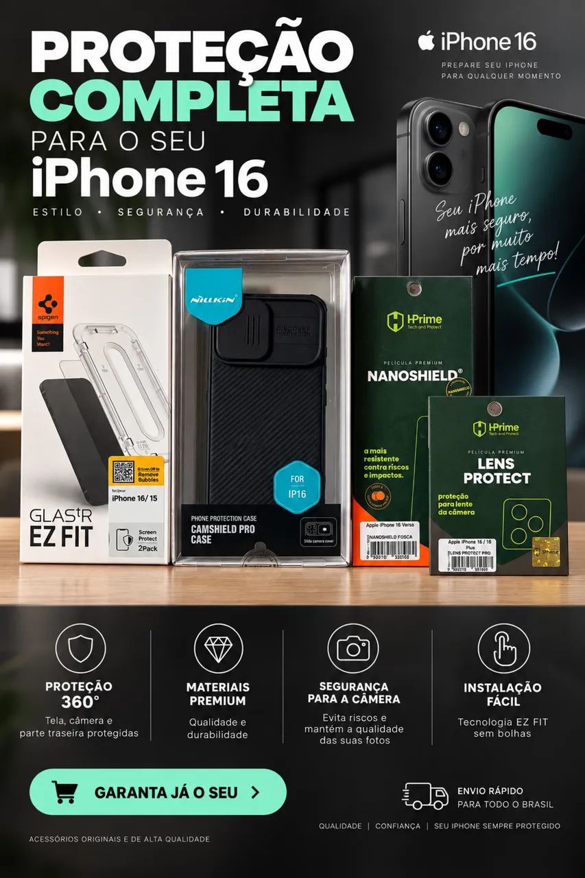 KIT PROTEÇÃO PREMIUM PARA IPHONE 16