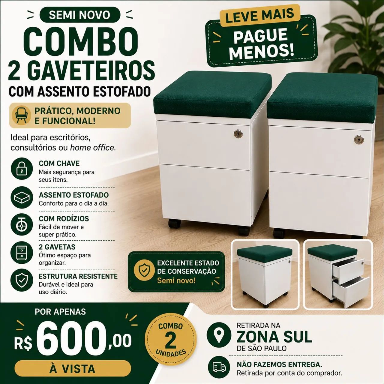 Combo - 2 Gaveteiro com Assento Estofado - Semi Novo