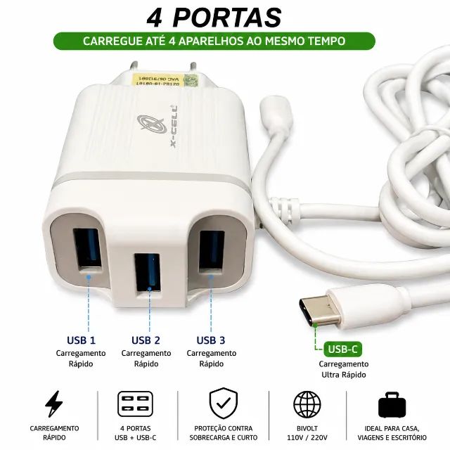 Carregador Turbo 4 USB 1 Tipo C Carregamento Rápido Universal Samsung Motorola Xiaomi iPho - Foto 2