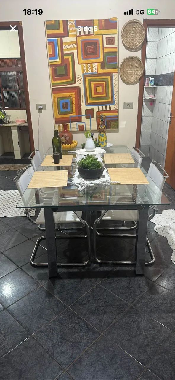 Mesa 6 lugares cadeiras de couro branco e vidro inox  - Foto 4