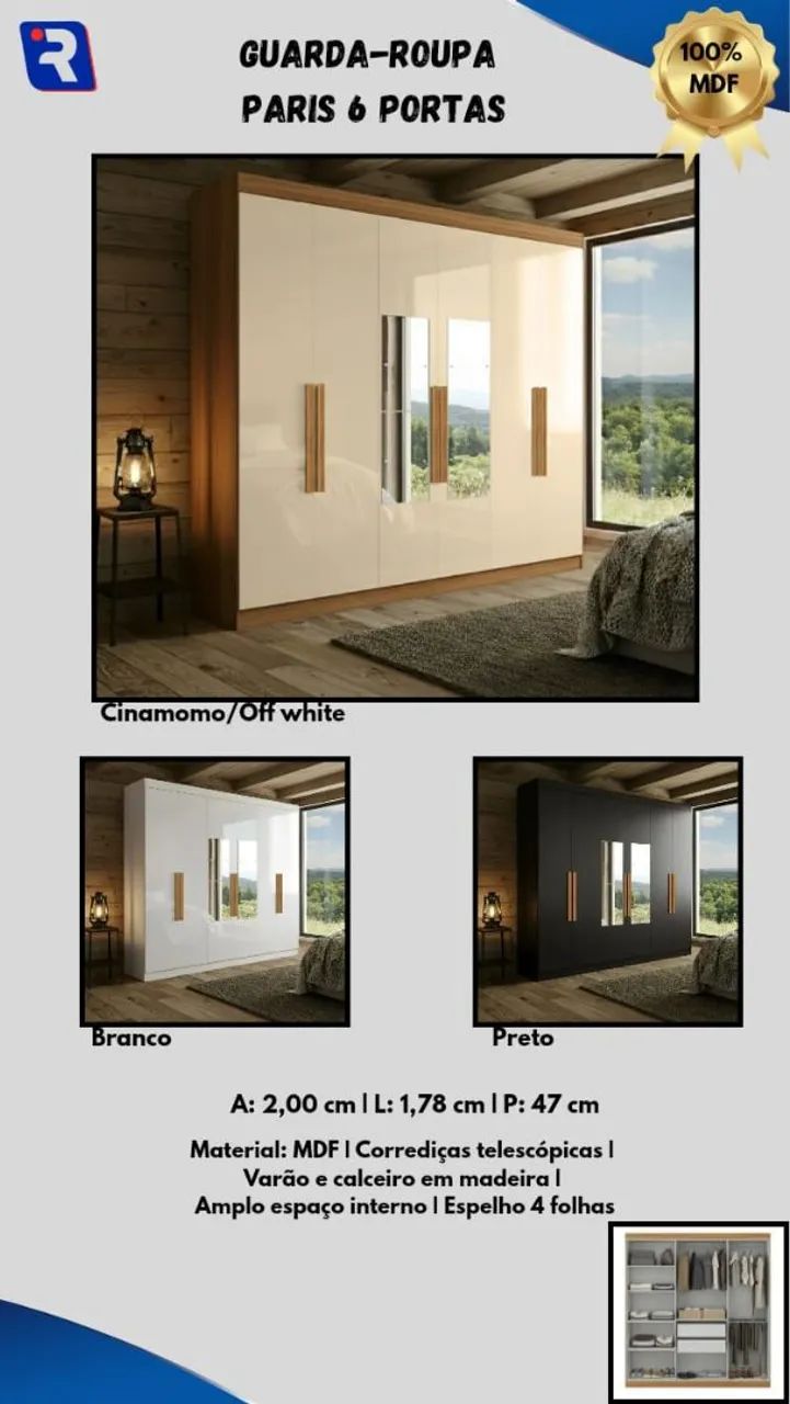 Guarda roupa Paris 100% MDF 1,78 largura 