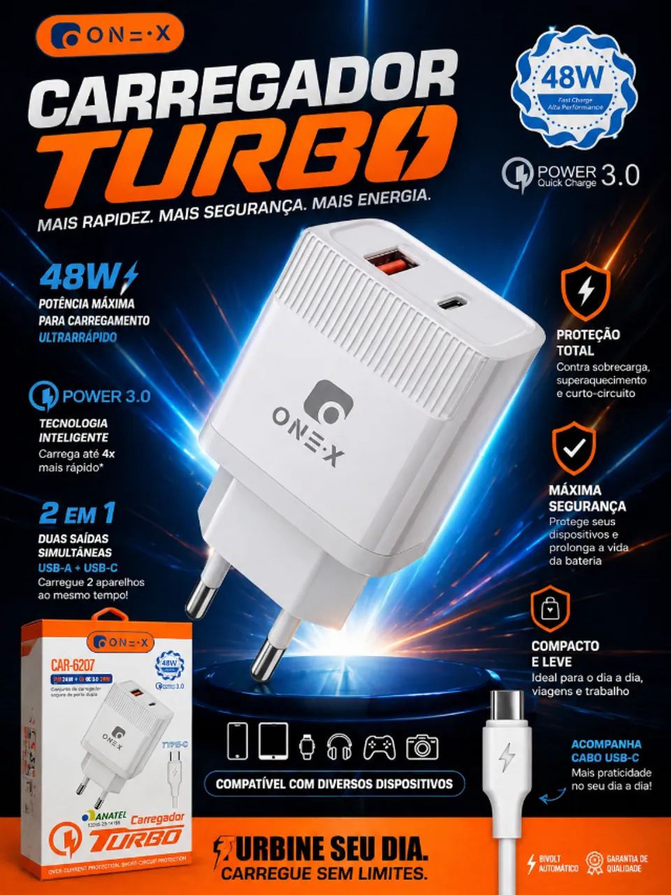 Carregador tipo c turbo - entrega grátis em Campo Grande MS
