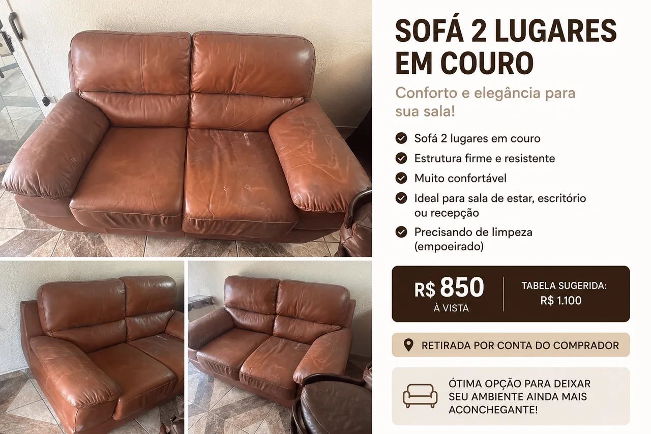 SOFA 2 LUGARES EM COURO NATURAL