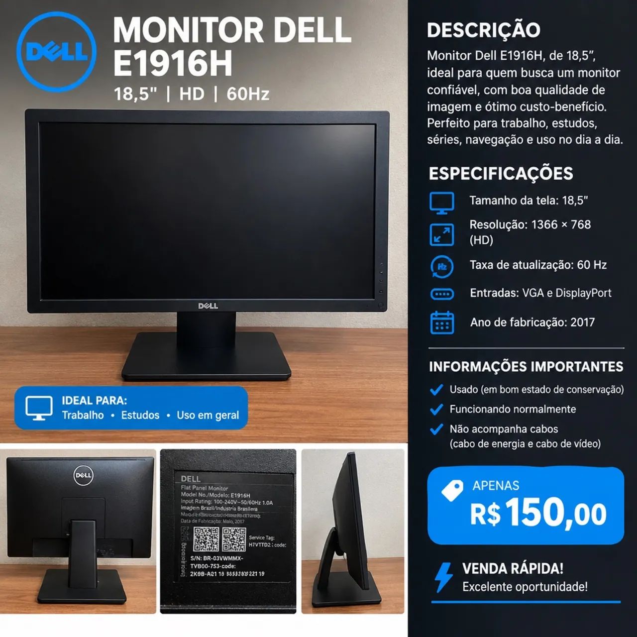 Monitor Dell E1916H 18,5 HD 60Hz - R$200 ou negociar 
