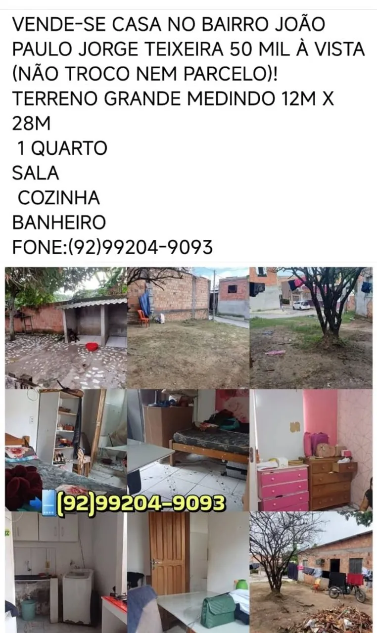 João Paulo Jorge Teixeira com 1 quarto terreno 12x28 50 mil a vista
